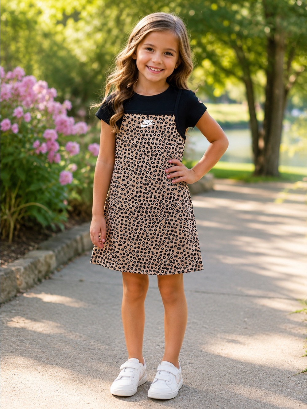 Nike Girls Size 6 2-Piece Floral Leopard Print Dress & Tee Set NW